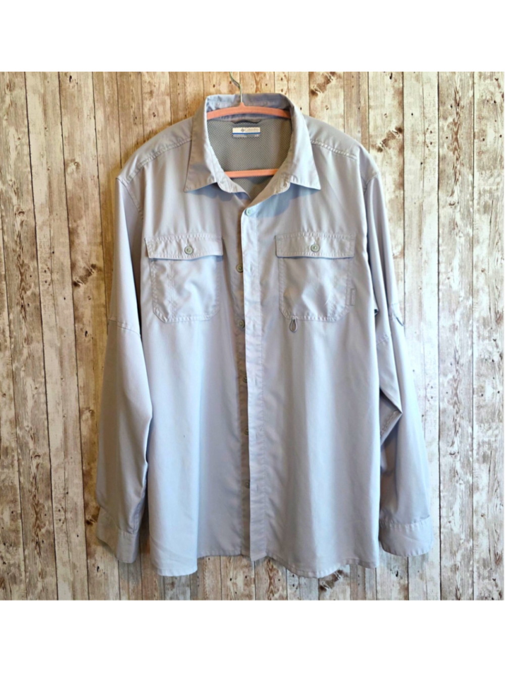 Columbia Omni-Shade Mens Gray Long Sleeve Button Up Collared Shirt Pockets L